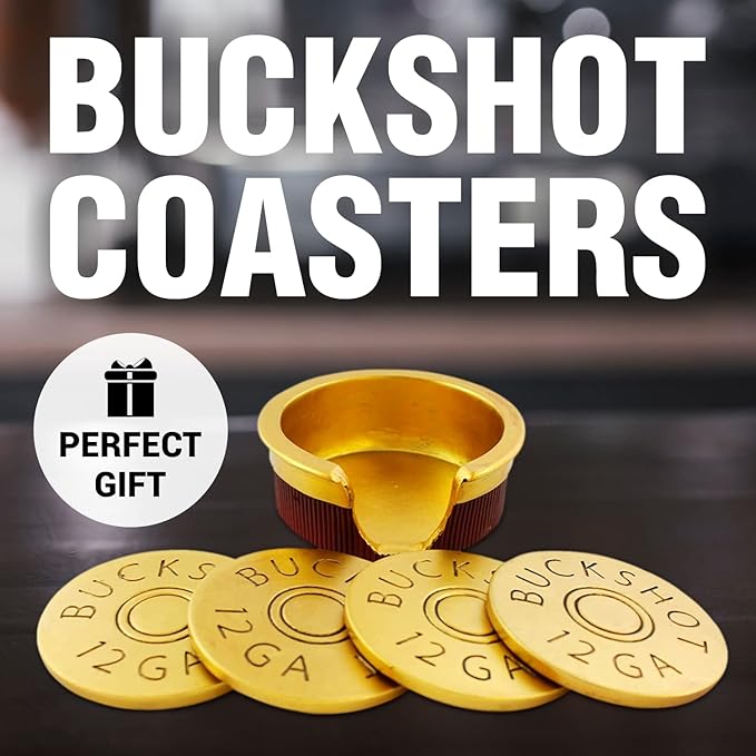 Pine Ridge Buckshot Coasters - Southwest Decor Coasters Bullet Shaped Gifts - Rustic Bar Decor Gun Enthusiast Gifts for Men - Shotgun Shell Hunting Coasters (5 Piece Drink Coasters Set with Holder)