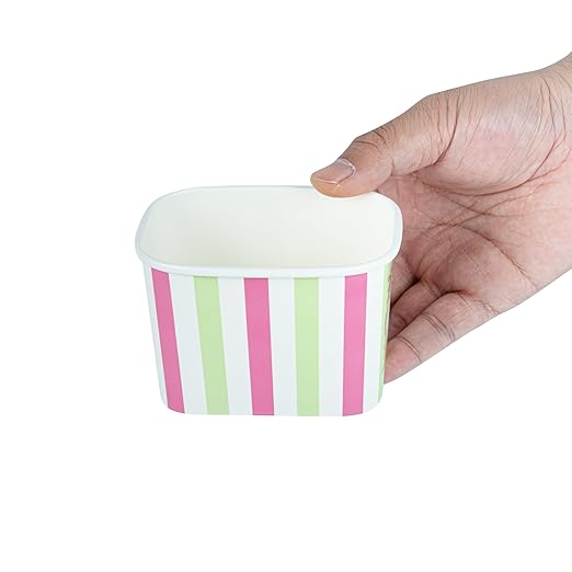 Restaurantware Paper Cups 50 Count 12 Ounce Square Disposable Ice Cream Containers, Leak-Resistant Paper Dessert To Go Cups, Hot And Cold Food, Durable Green And Pink Stripe Design