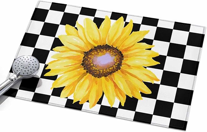 Area Rug 2x3ft, Watercolor Sunflower on Checkered Washable Rugs for Living Room Bedroom, Yellow Black White Soft Non-Slip Area Rugs Rectangle Floor Carpet for Dining Room