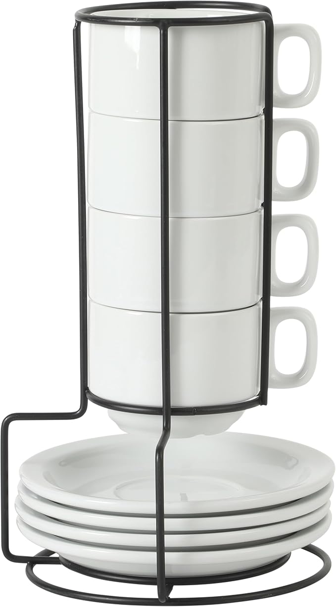 Gibson Home Gracious Dining 7-Ounce Cappuccino Cups Set of 4, Stackable Coffee Cups with 4 Saucers, Metal Stand, Coffee Mugs for Latte, Café, Mocha, Tea