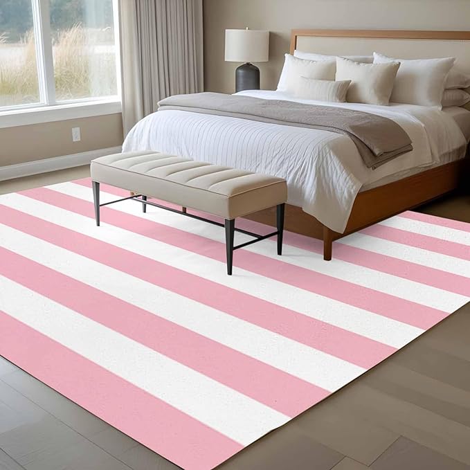 Area Rug 6x9ft, Pink White Stripe Washable Rugs for Living Room Bedroom, Classic Geometric Line Soft Non-Slip Area Rugs Rectangle Floor Carpet for Dining Room