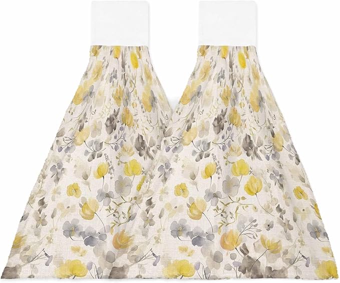 Alandar Home Kitchen Tie Towel Set of 2, Pastoral Yellow Grey Flowers Absorbent Soft Hand Towels for Bathroom Hanging Towels, Floral Branch on Rustic Linen Fast Drying Cleaning Cloth with Loop