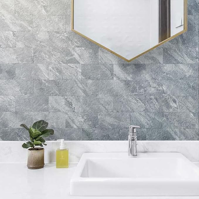 AULIGET Peel and Stick Backsplash Wall Tiles, 3" x 6" PVC Grey Marble Faux Stick on Tiles for Backsplash Kitchen and Bathroom, 4 Pieces
