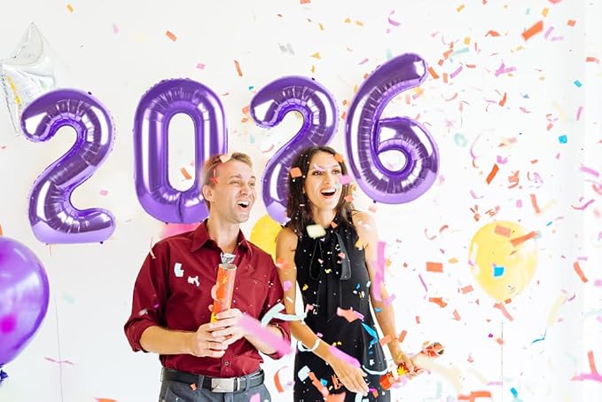 2026 Balloon Numbers - 40 Inch Purple New Years Eve Party Supplies 2026, Nye Decor Party Decorations Happy New Year, New Years Eve Foil Party Balloons, Graduation Party Decorations