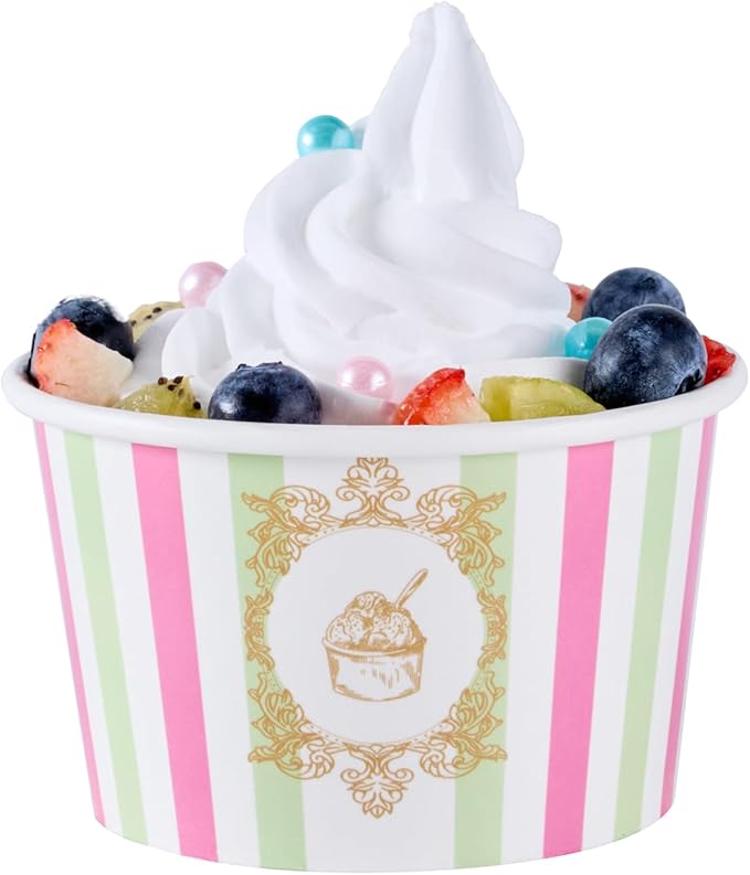 Coppetta 8 Ounce Dessert Cups, 200 Greaseproof Ice Cream Cups - Lids Sold Separately, For Hot And Cold Foods, Green And Pink Stripe Paper Yogurt Bowls, Disposable, Sturdy - Restaurantware