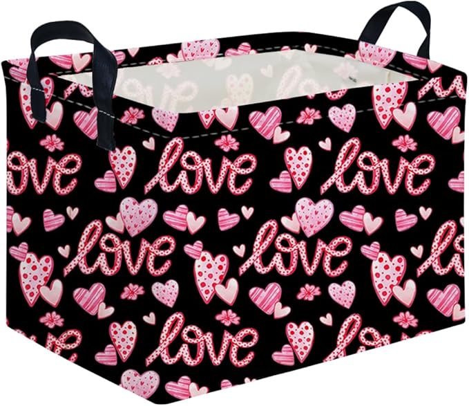Rectangular Black heart,Valentines Basket,baby Gift Basket Empty,Pink Gift baskets with Handle Organizer,Hearts Print easter Baskets,Girl Room Decor(Sweet love)