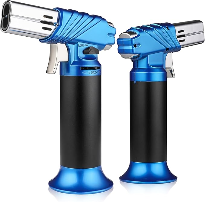 mollie Mini Butane Torch Lighter with Adjustable Flame, Small Refillable Kitchen Cooking Blow Torch for Creme Brulee, Windproof Baking Torch with Safety Lock, Blue 2-Pack (Butane Gas Not Included)