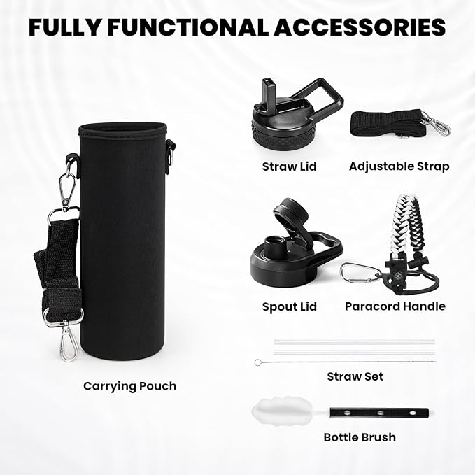 RAYMYLO Insulated Water Bottle 24oz, Triple Wall Vacuum Stainless Steel (Cold for 24Hrs, Hot for 12Hrs), Leak Proof & Non-BPA, 24oz Hydro Water Flask with Paracord Handle & Straw Spout Lids
