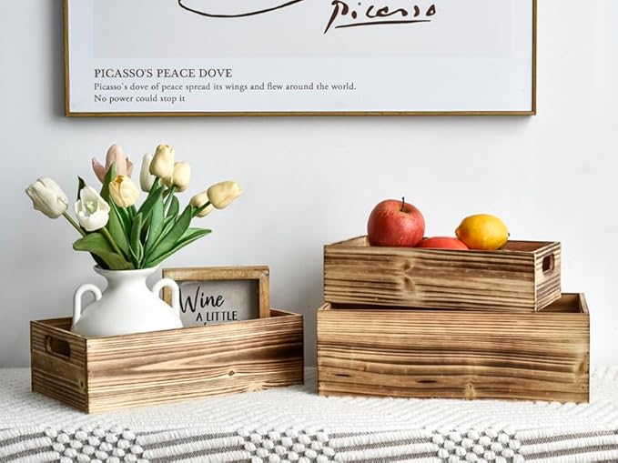 Set of 3 Wooden Boxes for Storage Small Crates for Display and Organizing, Farmhouse Style Storage Boxes for Crafts, Decor, Home Pantry and Living Room