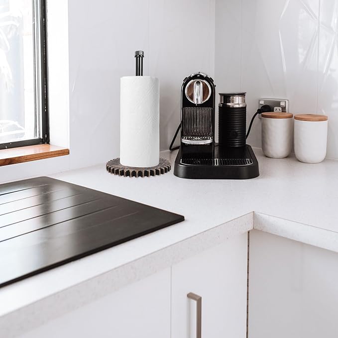 FOMIYES Rustic Industrial Standing Paper Towel Holder Black Metal Kitchen Roll Dispenser Vintage Pipe Design Freestanding Countertop Organizer for Kitchen and Bathroom