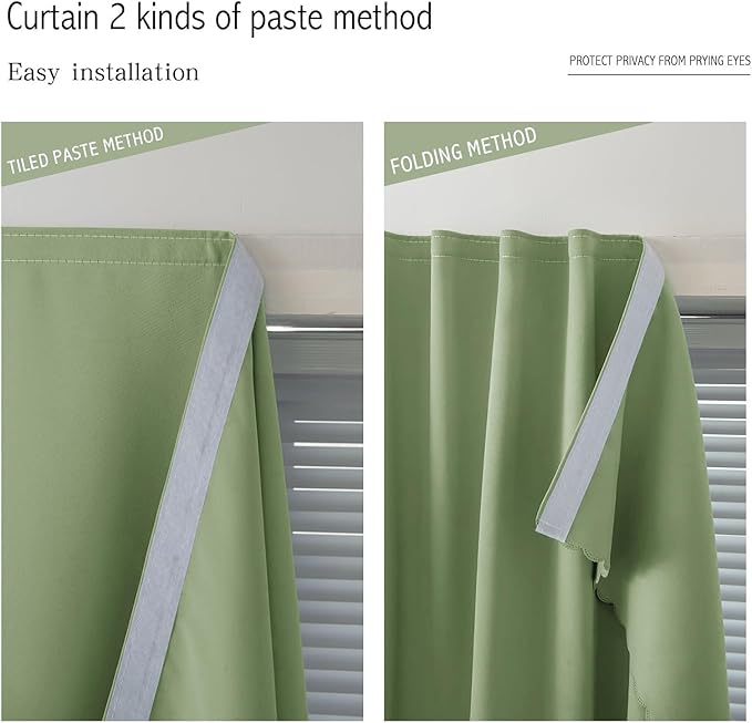 Magic Tape Blackout Curtains for Bedroom No Drillng Self Adhesive Curtains No Rod Small Window, 47" W X 84" L, Sage Green, 1 Panel