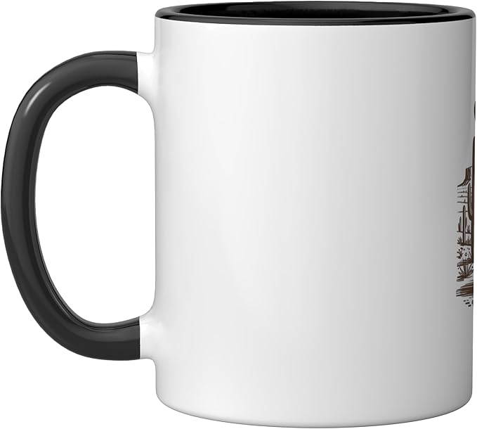 Retro Cowboy Cat UFO Desert Western Feline Art Ceramic Mug, Black/White
