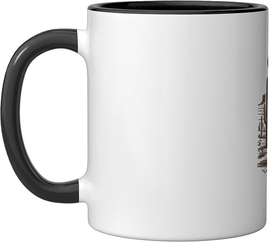 Retro Cowboy Cat UFO Desert Western Feline Art Ceramic Mug, Black/White