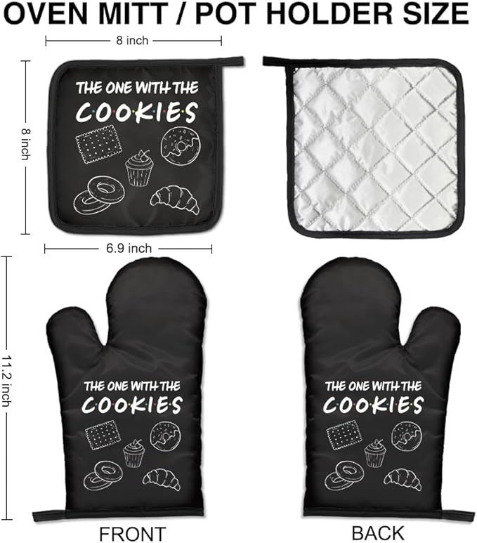 Kitchen Exclusive Oven Mitts and Pot Holder Set, Protective Kitchen Mitts for Grill Lover, Cooking Gifts for Men Women Chef, Birthday Gifts for Dessert Lovers Friend (Cookies)