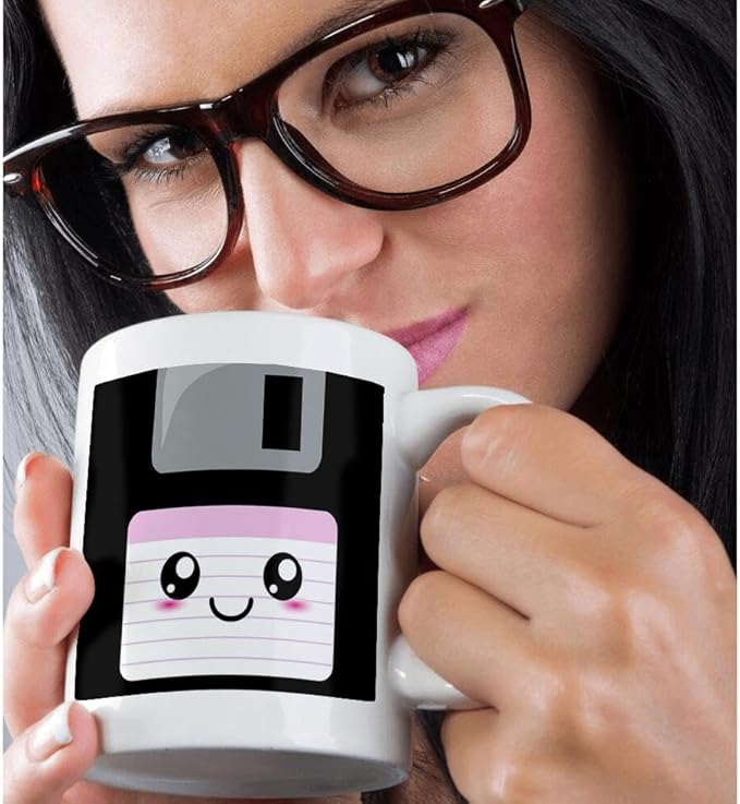 3dRose mug_57453_1 Kawaii Cute Happy Floppy Disk Retro Computer Nerd Japanese Anime Smiley Cartoon with Pink Label Ceramic Mug, 11-Ounce