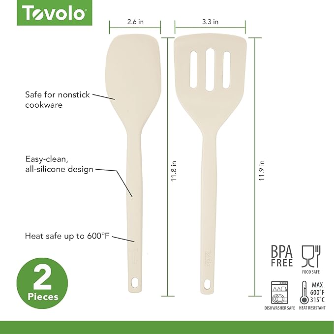 Tovolo Elements Silicone Spatula Turner Set Kitchen Utensils Heat Resistant 600F Easy Clean Dishwasher Safe Nonstick Spatula Turner Bundle Cookware for Cooking Baking Mixing Tools, Oatmeal