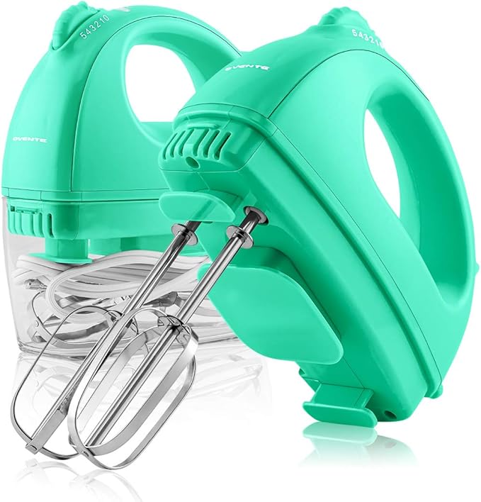 OVENTE Portable Electric Hand Mixer 5 Speed Mixing, 150W Powerful Blender for Baking & Cooking with 2 Stainless Steel Chrome Beater Attachments & Snap Clear Case Compact Easy Storage, Turquoise HM161T