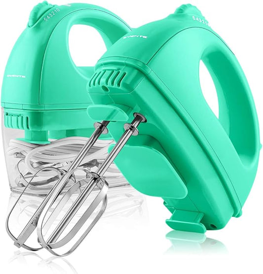 OVENTE Portable Electric Hand Mixer 5 Speed Mixing, 150W Powerful Blender for Baking & Cooking with 2 Stainless Steel Chrome Beater Attachments & Snap Clear Case Compact Easy Storage, Turquoise HM161T