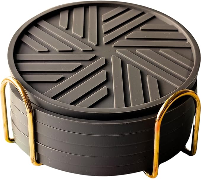 Housewarming Coasters Set of 6 - Non-Slip - Round Pads with Smart Groove Patterns & Gold Holder - Coffee Table and Kitchen Decor Porta vasos Modern (Dark Grey)