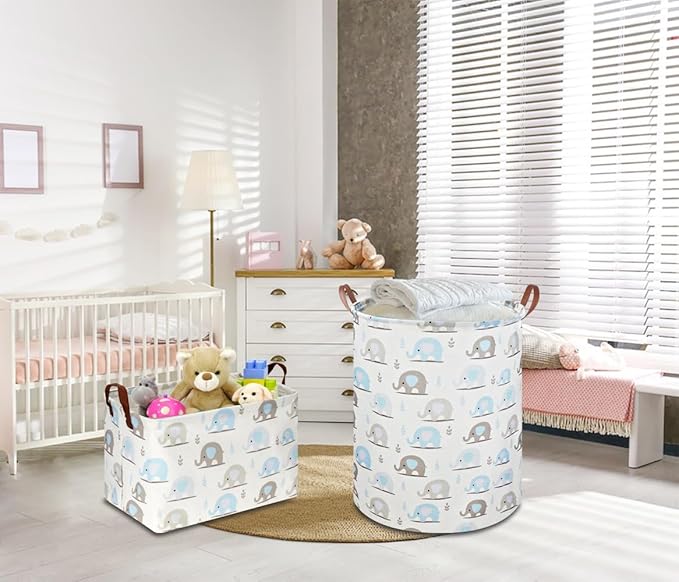 NTAOHAMPER Rectangular Blue Elephant Storage Basket,Collapsible Gift Basket with Handles,Books Box,Room Decor(Blue Elephant)