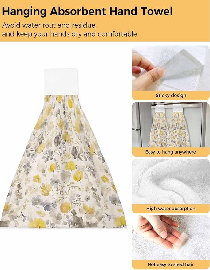 Alandar Home Kitchen Tie Towel Set of 1, Pastoral Yellow Grey Flowers Absorbent Soft Hand Towels for Bathroom Hanging Towels, Floral Branch on Rustic Linen Fast Drying Cleaning Cloth with Loop