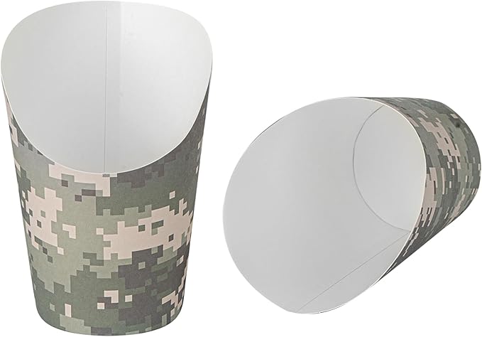Restaurantware-Bio Tek 12 Ounce French Fry Containers, 100 Disposable Charcuterie Cups - Incline Design, Round, Camouflage Paper French Fry Cups, Stackable, For Waffles, Chips, or Popcorn