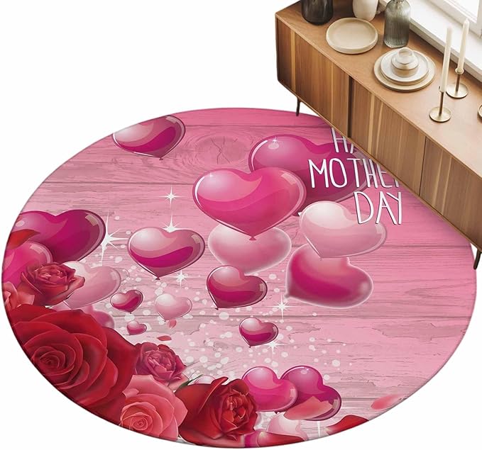 Washable Round Area Rug Mother's Day Love Balloon Rose Circle Rugs Floor Carpet for Living Room Bedroom, Gradient Pink Wood Grain Soft Non Slip Round Rug 3ft