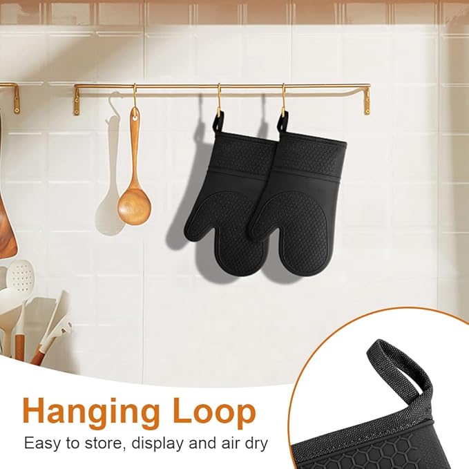 AUAUY Oven Mitts with 2 Potholders, Silicone Oven Gloves Heat Resistant 464°F, Non-Slip Silicone BBQ Gloves, Waterproof Cooking Gloves, Oven Gloves for Barbecue Kitchen Baking Microwave, Black