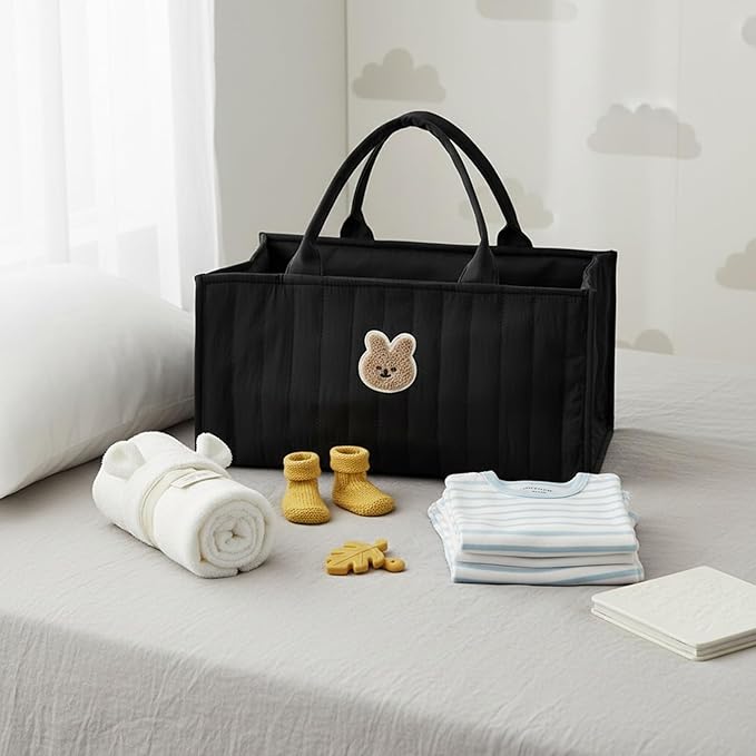 Quilted Fabric Storage Basket Floral Baby Diaper Caddy Quilted Basket for Nursery Bedroom Car Storage (L- Black Bear)