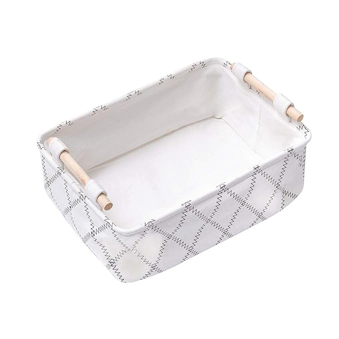 Decorative Collapsible Rectangular Fabric Storage Bin Organizer Basket with Wooden Handles for Clothes Storage,15.4x10.6x5.1 inch,White