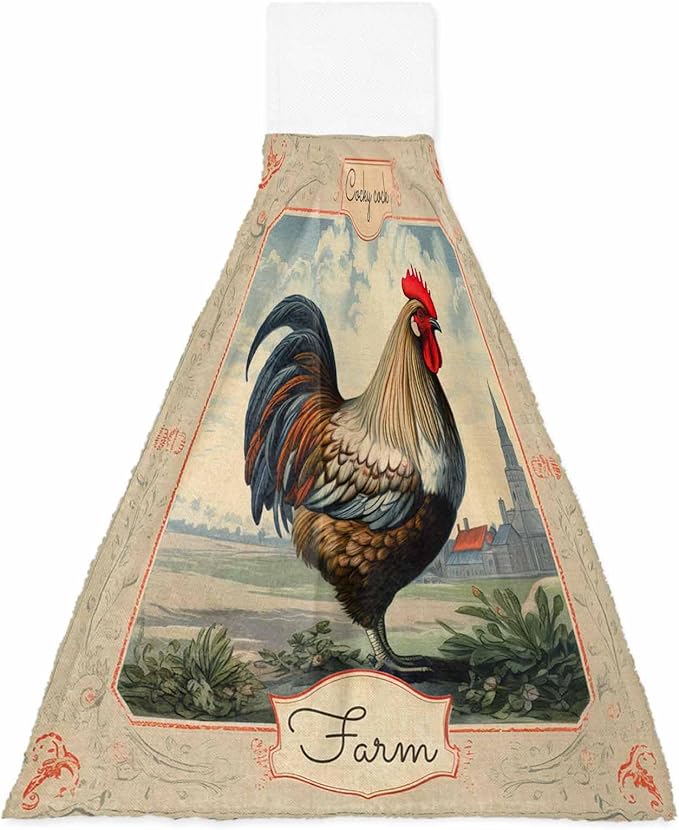 Alandar Home Kitchen Tie Towel Set of 1, Farmhouse Rustic Animal Rooster Absorbent Soft Hand Towels for Bathroom Hanging Towels, Vintage Flower Texture Fast Drying Cleaning Cloth with Loop