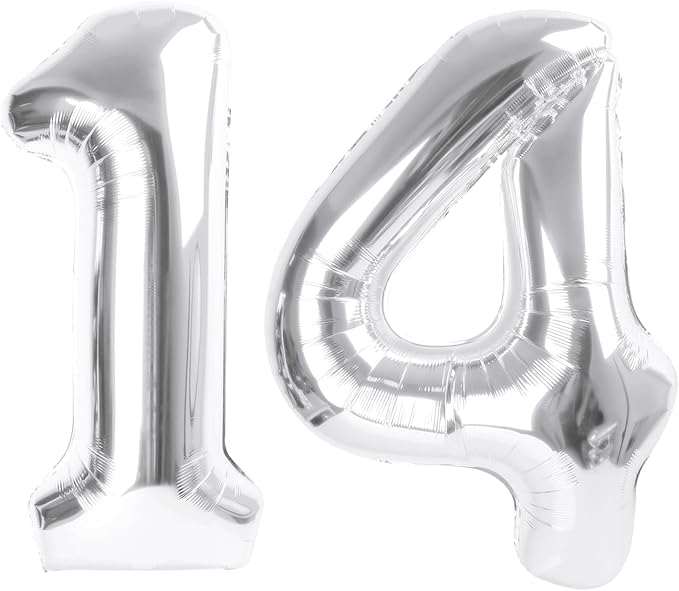 Silver Balloon Number 14 Number Balloon for 14th Birthday Decorations, 40 Inch Big Balloons for 14 41 Anniversaries Celebration Graduation Wedding