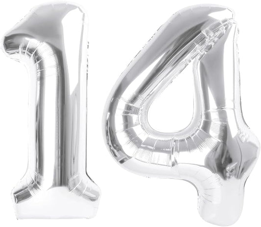 Silver Balloon Number 14 Number Balloon for 14th Birthday Decorations, 40 Inch Big Balloons for 14 41 Anniversaries Celebration Graduation Wedding
