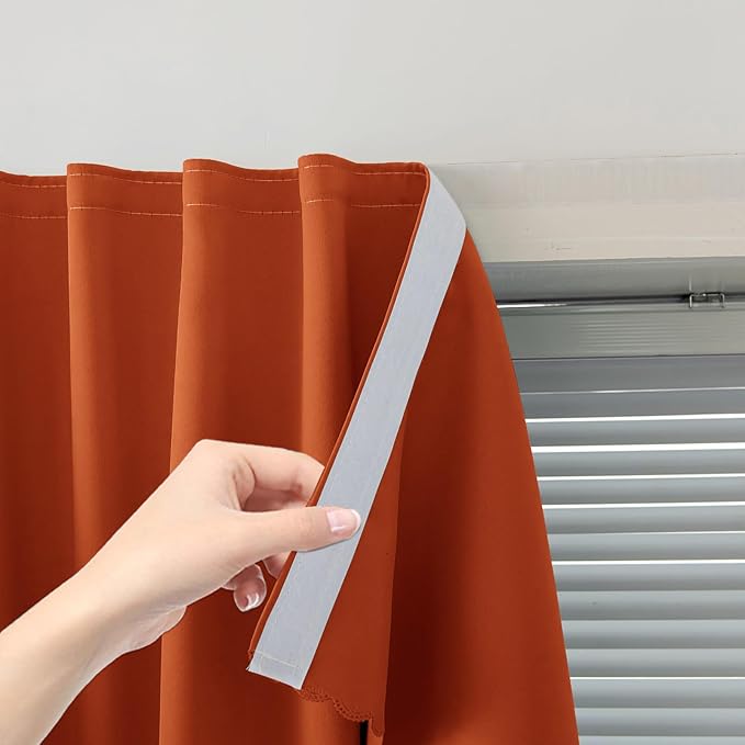 Self Adhesive Curtains Portable Blackout Curtain Simple and Easy to Install Bedroom Window Thermal Lnsulated Kitchen Room Darkening Black Small Drapes, 59" W X 84" L, Orange, 1 Panel