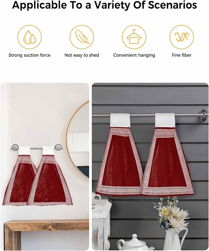 Alandar Home Kitchen Tie Towel Set of 2, Greek Abstract Inspired Key Pattern Absorbent Soft Hand Towels for Bathroom Hanging Towels, Geometric Twist Line on Red Fast Drying Cleaning Cloth with Loop