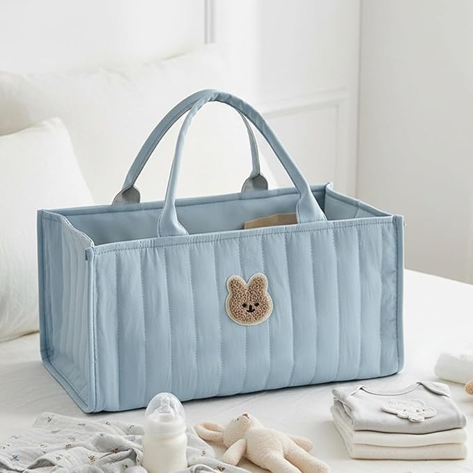 Quilted Fabric Storage Basket Floral Baby Diaper Caddy Quilted Basket for Nursery Bedroom Car Storage (L- Blue Bear)