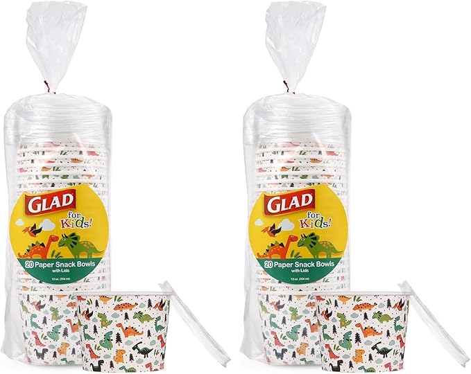 Glad Bowls, Paper, 12 Ounce | Dinosaur Theme | Disposable | With Lids | 40 Count