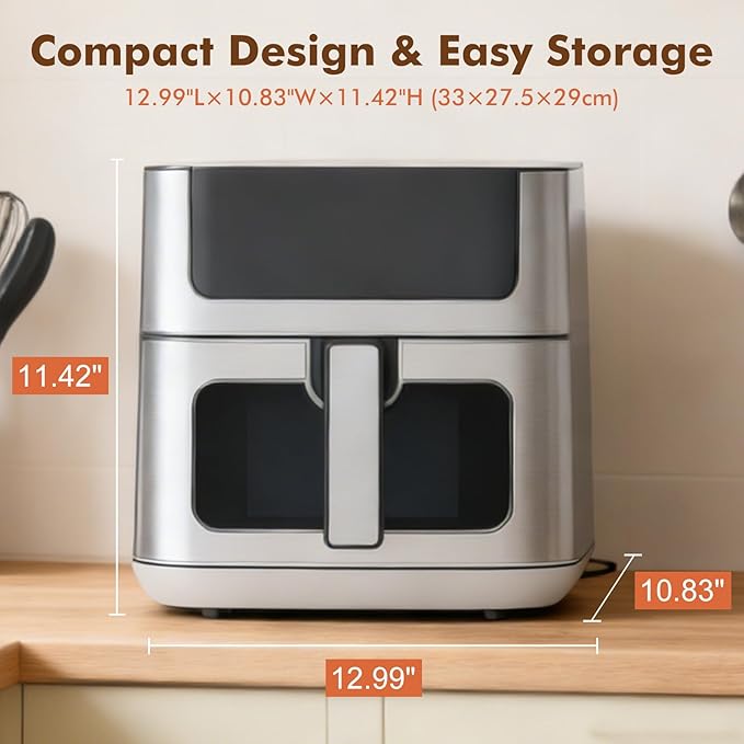 Sweetcrispy 6.34QT Air Fryer, 8-in-1 Air Fryers Oven with Visible Window, 400℉ Fast Heating, Nonstick Dishwasher-Safe Basket, Timer & Auto-Off, Stainless Steel, White
