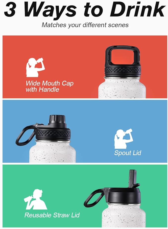Coolflask Water Bottle 40 oz Insulated with Straw, Stainless Steel Metal 3 Lids Water Flask for Sports or Office, Keep Cold 48H Hot 24H, Arctic White