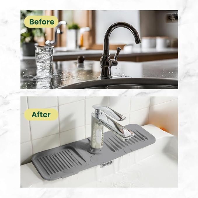 Kitchen Sink Splash Guard (23.6" x 5.5") - 5 Slope Silicone Draining Mat, Faucet Mat With Soap Dispenser & Sponge Holder, Water Drip Catcher Tray (Light Grey)