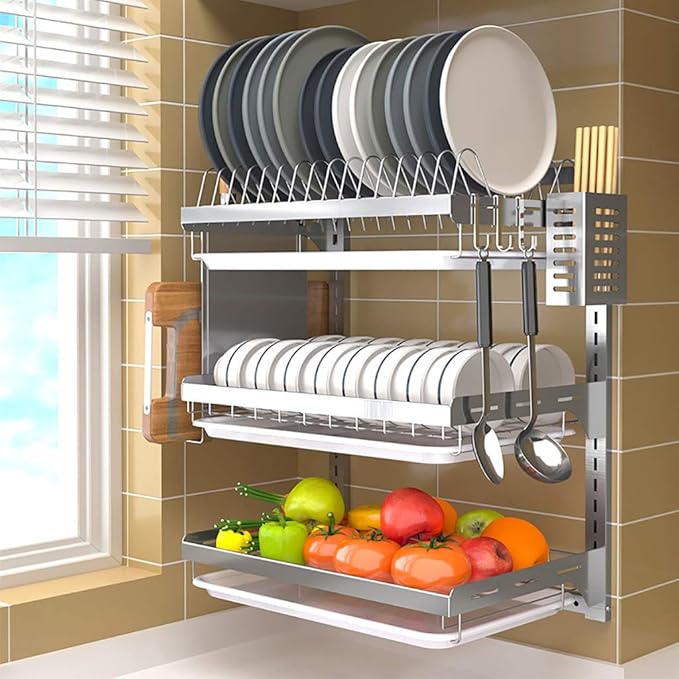 Stainless Steel Dish Rack with Drain Pan - Wall-Mounted 2/3 Layers for Efficient Kitchen Drying and Space-Saving，3 Layers High21.9in