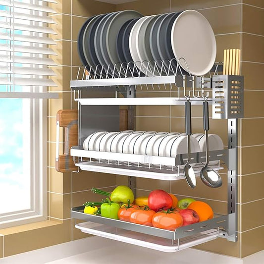 Stainless Steel Dish Rack with Drain Pan - Wall-Mounted 2/3 Layers for Efficient Kitchen Drying and Space-Saving，3 Layers High21.9in
