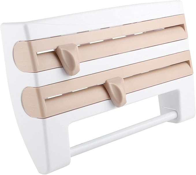 Wall - Mounted Kitchen Cling Film and Foil Storage Rack with Built - In Cutter, Paper Towel Holder, Aluminum Foil Dispenser for Home Cooking Organization (Khaki)