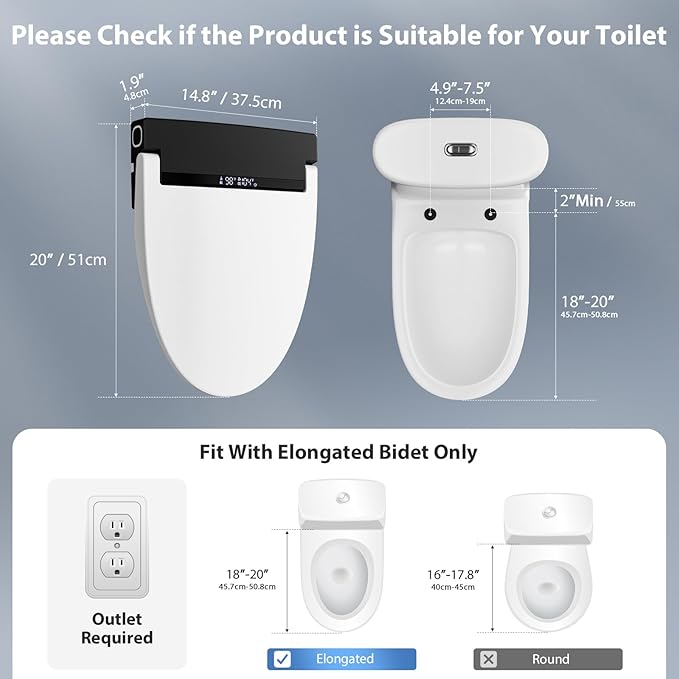 Baotree Electric Toilet Seat, Elongated Smart Heated Toilet Seat with Warm Water & Dryer, Feminine & Child Hip Wash, Wireless Remote, Self-Clean, Stainless Steel Nozzle, Adjustable Water Pressure