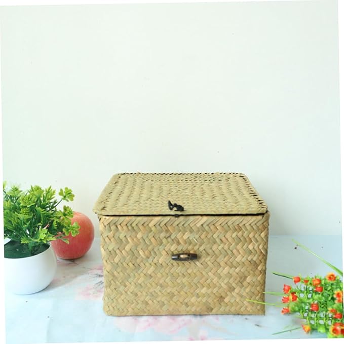 IMIKEYA 1Pc Natural Woven Storage Box with Lid Multi Functional present Holding Basket for Home Decor for Organizing Bedroom Stylish