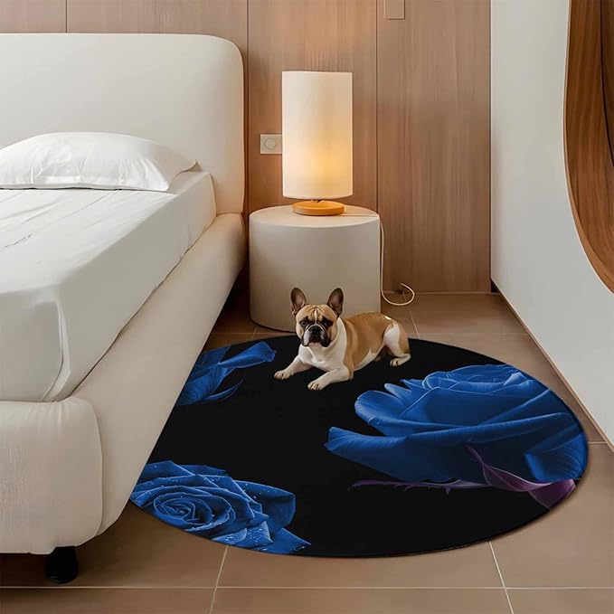 Washable Round Area Rug Abstract Garden Blue Rose Circle Rugs Floor Carpet for Living Room Bedroom, Classic Country Floral Soft Non Slip Round Rug 3ft