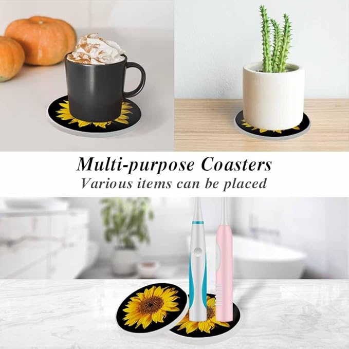 Yellow Sunflower Coasters Petal Bloom Plant Flower Dark Absorbent Drink Coaster Set of 2 Unique Beer Beverage Coasters for Coffee Table Cup Bar Coasters Cute Cork Ceramic Coasters