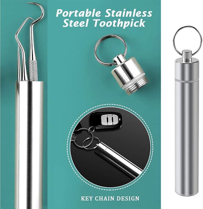 AKOAK 3 Pcs/Set 304 Stainless Steel Teeth Cleaning Tool Multi-Functional Portable Toothpick Storage Tube with Toothpick Holder, Ideal for Home Personal Oral Care（Silver）