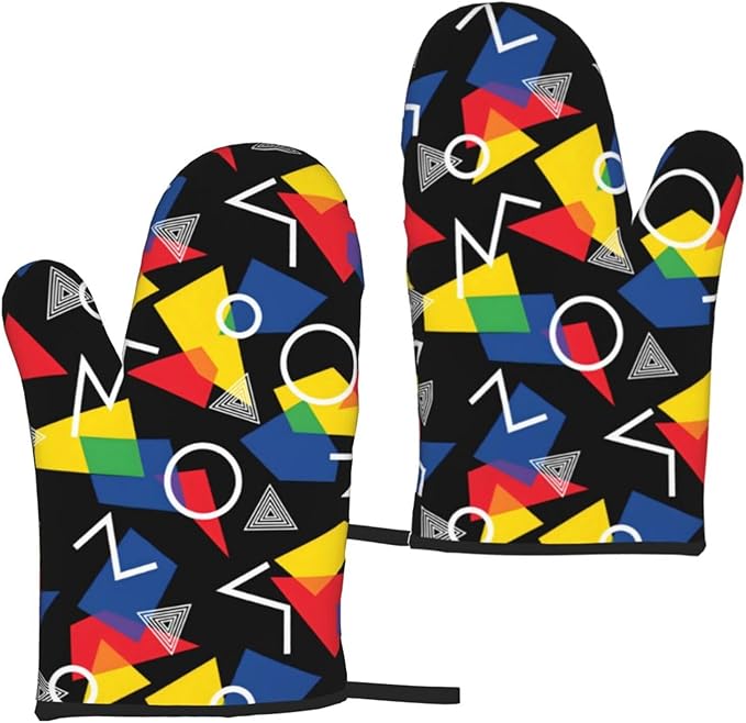 Colorful Geometric Pattern Oven Mitts of 2-Pack Set, Fashion Kitchen Gloves Heat Resistant Non-Slip Kitchen Mitts for Safe Cooking Baking Grilling