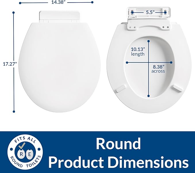 Mayfair Ashton Easy to Clean Single Hinge Toilet Seat, Modern Slow Close Wood Toilet Seat, Made in USA, Round, White
